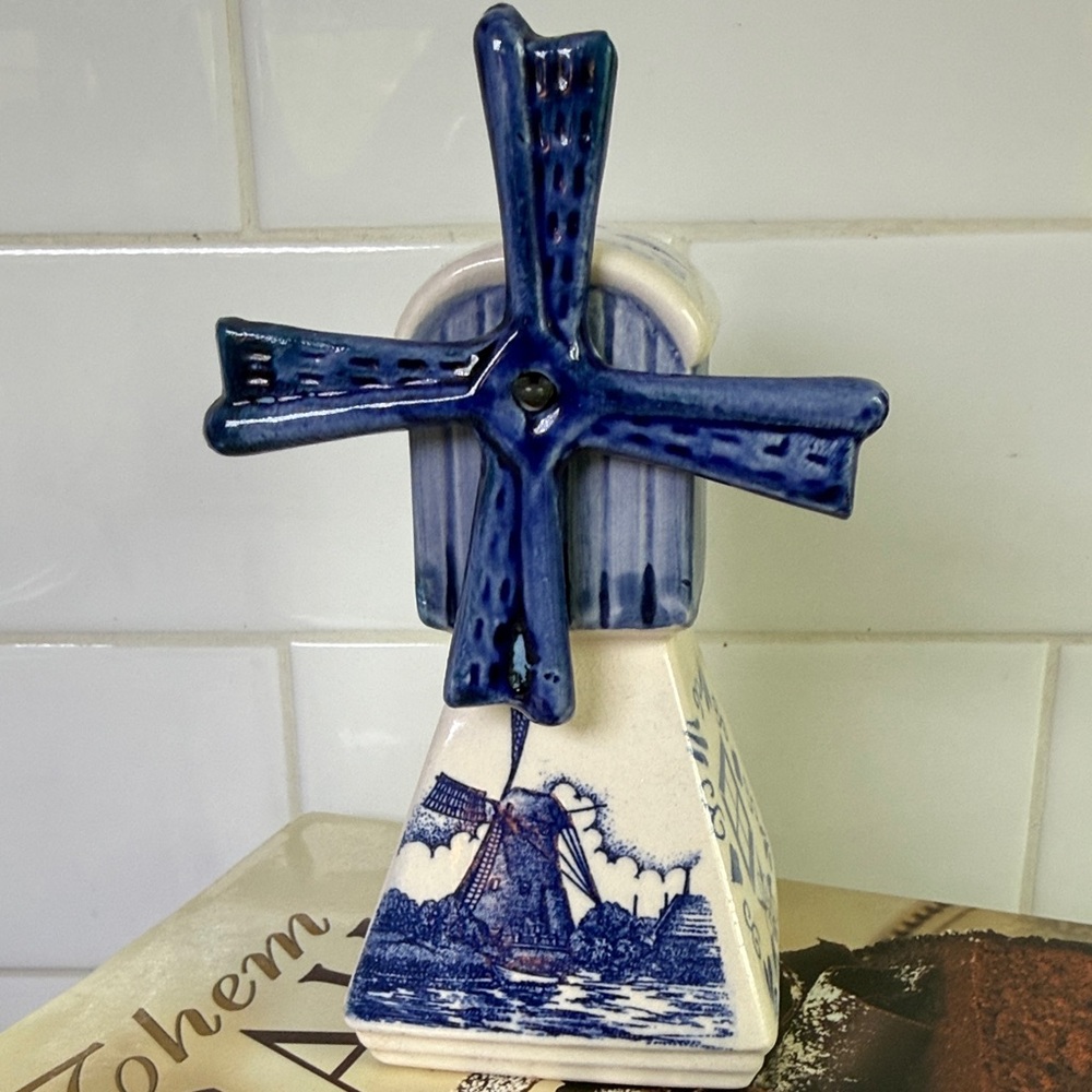 Vintage Delft Blue and White Spinning Windmill Figurine
